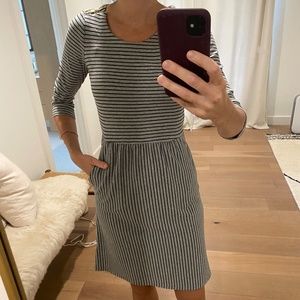 Boden 3/4 Sleeve Navy Gray Striped Dress, Size 4Long